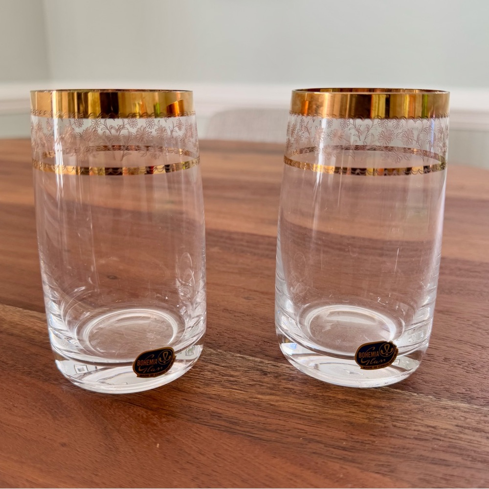 Pair Mid Century Gold Embellished Glasses Bohemia Glass Czech Republic EUC